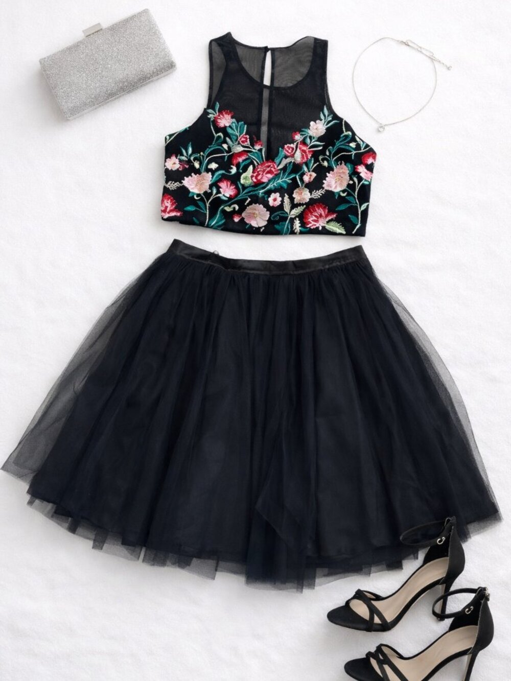 My Michelle Black Embroidered 2 Piece Set Top Skirt Prom Homecoming 9 11
